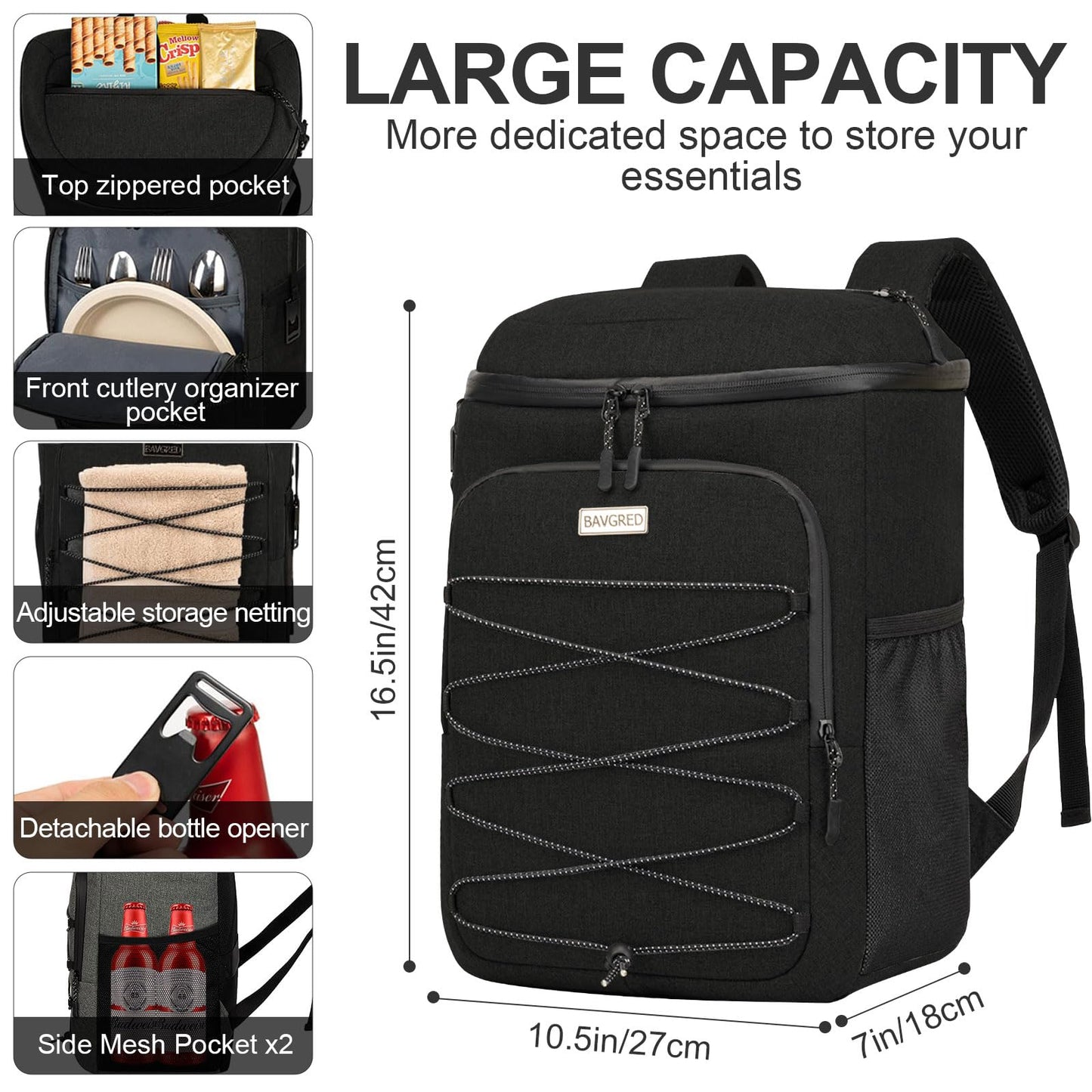 BAVGRED Cooler Backpack Insulated Leak Proof 30 Cans for Men Women,Waterproof Soft Cooler Bag，Lightweight Ice Chest Lunch Backpack for Beach Camping Picnic Travel Worksite Fishing