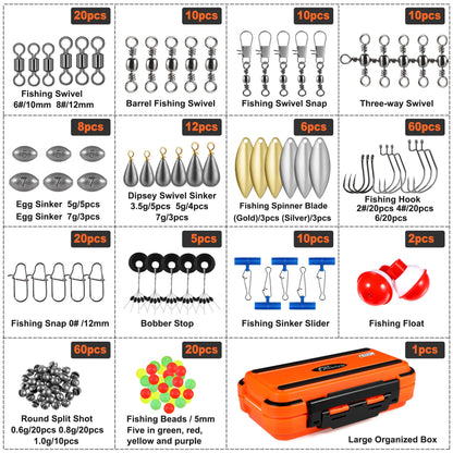PLUSINNO 253/387pcs Fishing Gear Accessories Kit, Fishing Tackle Box with Tackle Included, Fishing Hooks, Fishing Weights Sinkers, Spinner Blade, Fishing Equipment for Bass Trout Bluegill Crappie